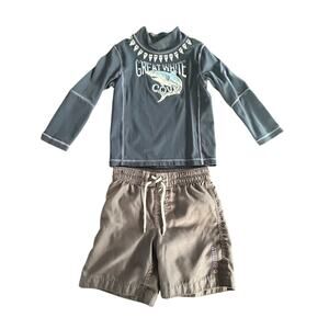 Gap Vintage Toddler Bathing Suit Trunks Rash Guard Top Great White Shark Teeth